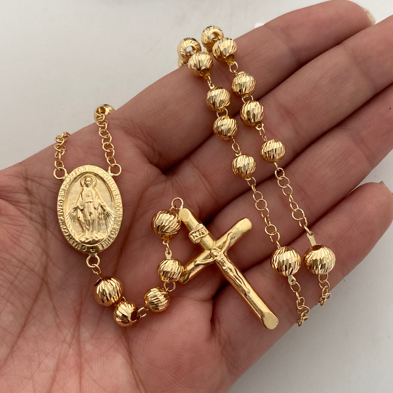 Rosario Virgen Milagrosa Bola diamantada 6mm Oro amarillo 18k 14,0 Gr / 65 Cm