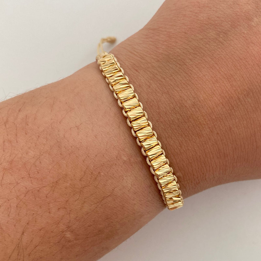 Pulsera tejida Cilindros Diamantados Hilo Beige Oro amarillo 18k 2 Gr