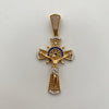 Dije cruz con cristo y circones blancos y azules  Oro amarillo 18k 10,95 Gr / 2,28 mm / 5,6 Cm