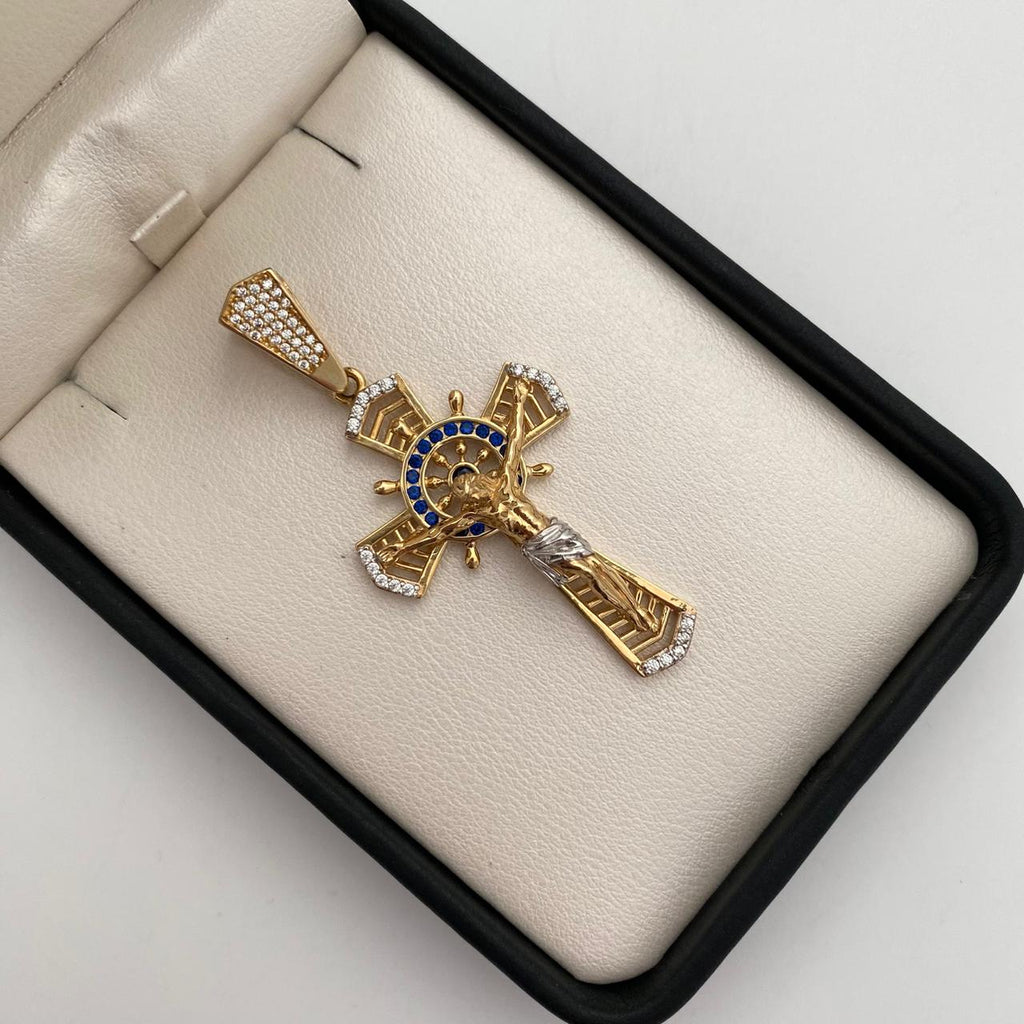 Dije cruz con cristo y circones blancos y azules  Oro amarillo 18k 10,95 Gr / 2,28 mm / 5,6 Cm