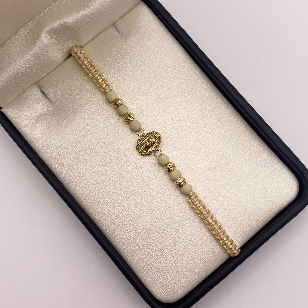 Pulsera tejida Herraje virgen de guadalupe silueta +bolas diamantadas 4mm Oro amarillo 18k 0,6 Gr