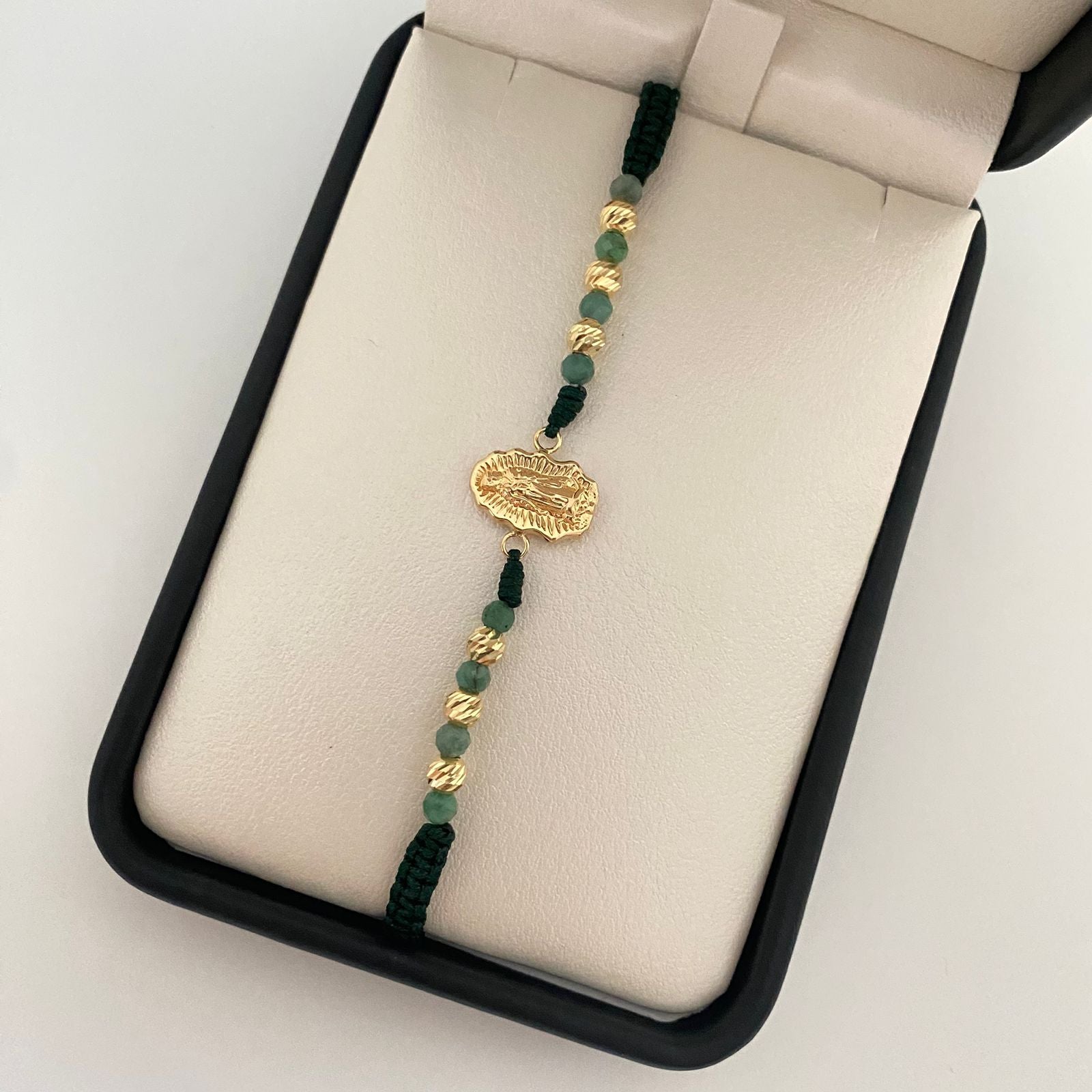 Pulsera tejida tejida herraje silueta guadalupe con morrallas balines diamantados #4 Oro amarillo 18k 1,15 Gr