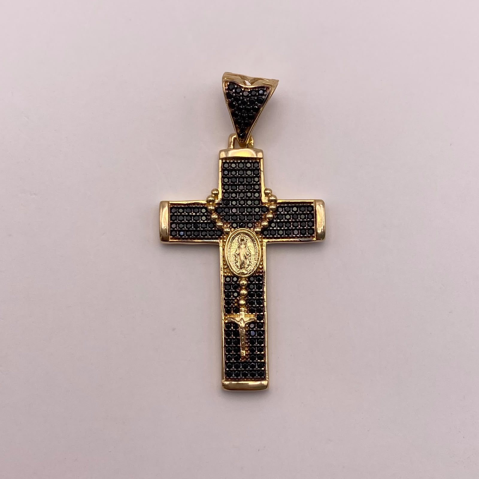 Dije cruz virgen milagrosa circones negros Oro amarillo 18k 7,45 Gr / 25,7 mm / 5 Cm