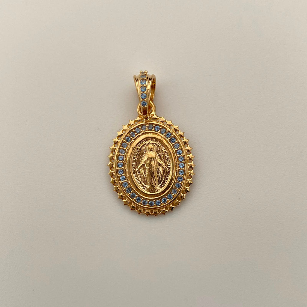 Dije Redondo Casting Azul Pastel Virgen Milagrosa Oro amarillo 18k 2,5 Gr / 15,9 mm / 2,6 Cm