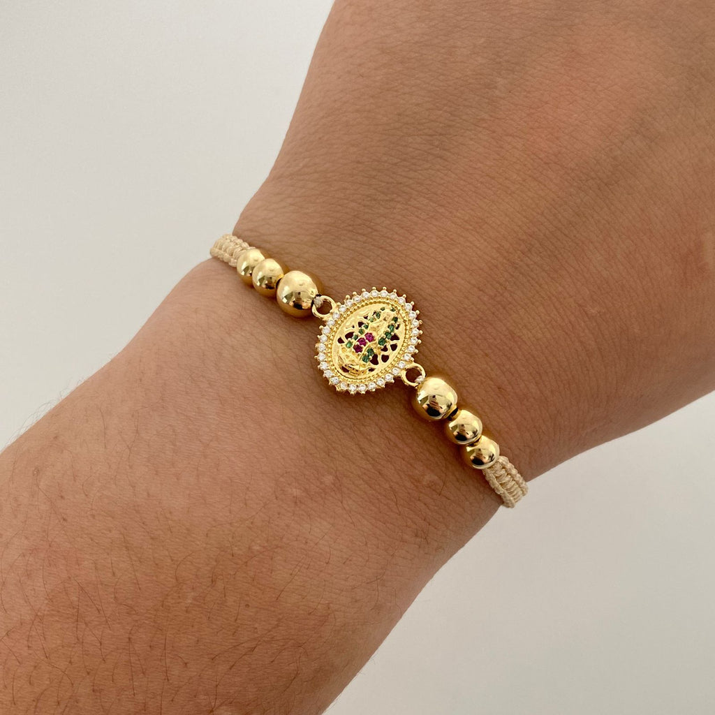 Pulsera tejida herraje virgen de guadalupe casting balines #5 diamantados y lisos beige Oro amarillo 18k 2,9 Gr