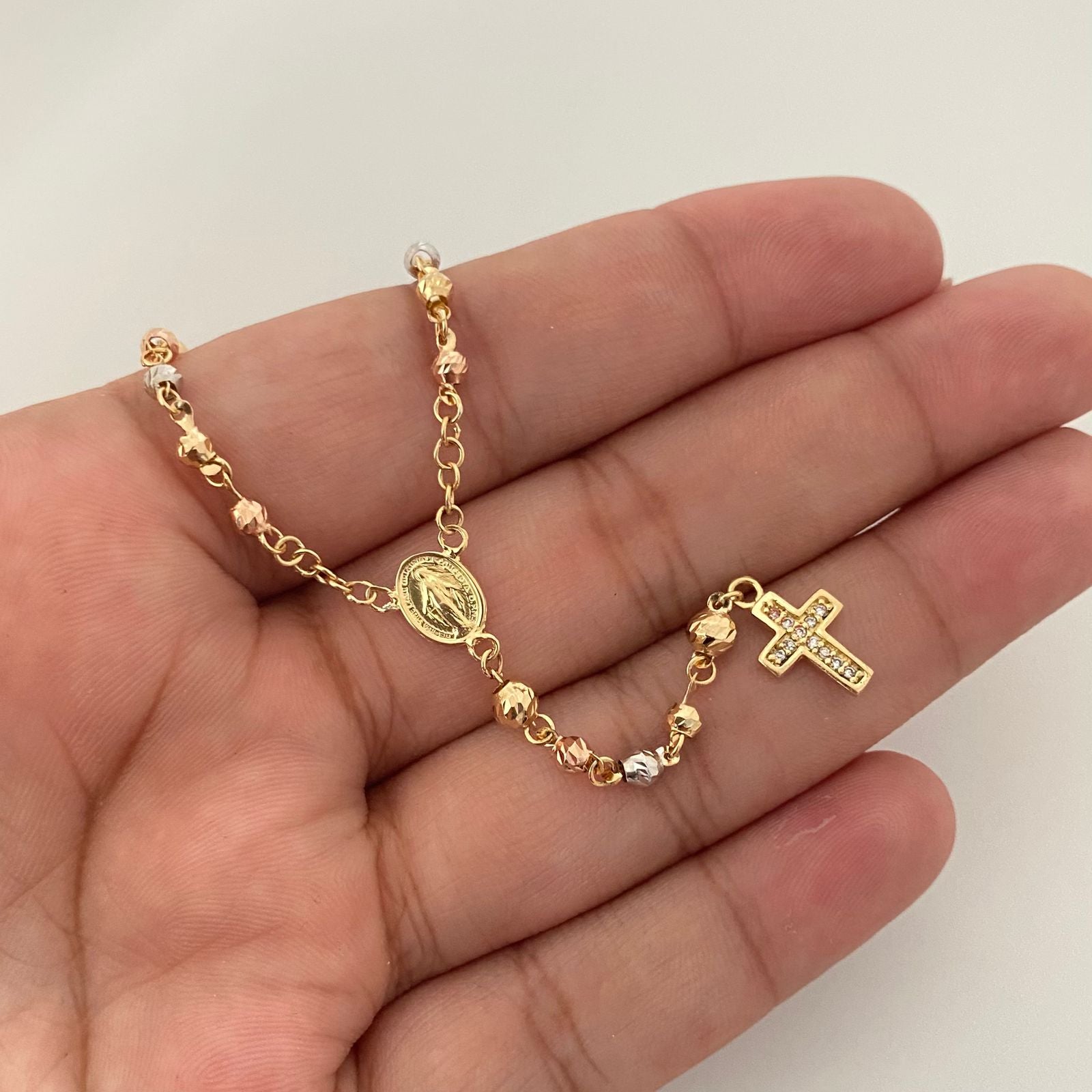 Rosario virgen milagrosa cruz casting balines diamantados Tres oros 18k 7,80 Gr / 3,0 mm / 55 Cm Broche 0,40