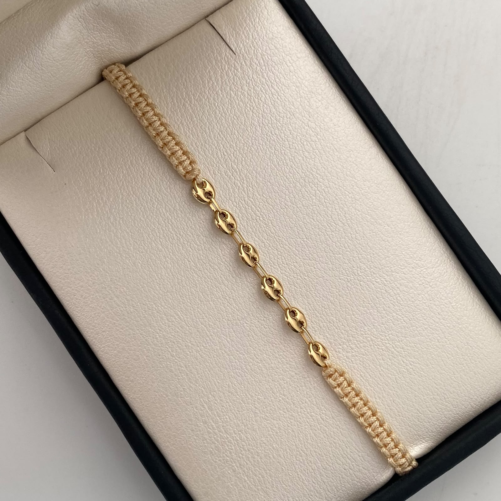 Pulsera tejida Eslabones Hilo Beige Oro amarillo 18k 0,5 Gr
