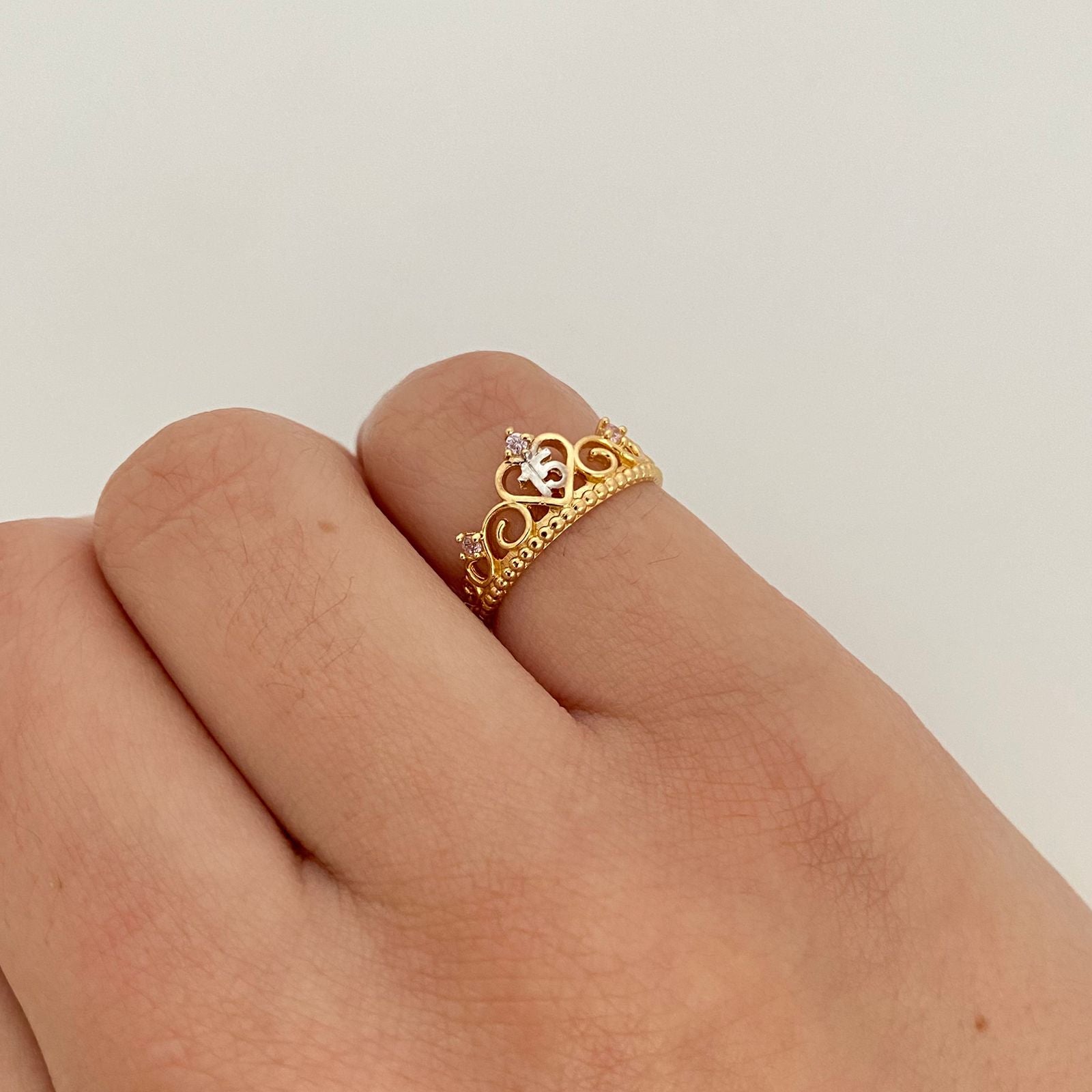 Anillo 15 tiara triple circon rosa  Oro amarillo y Oro blanco 18k / Talla 4 1/2 / 1,55 Gr