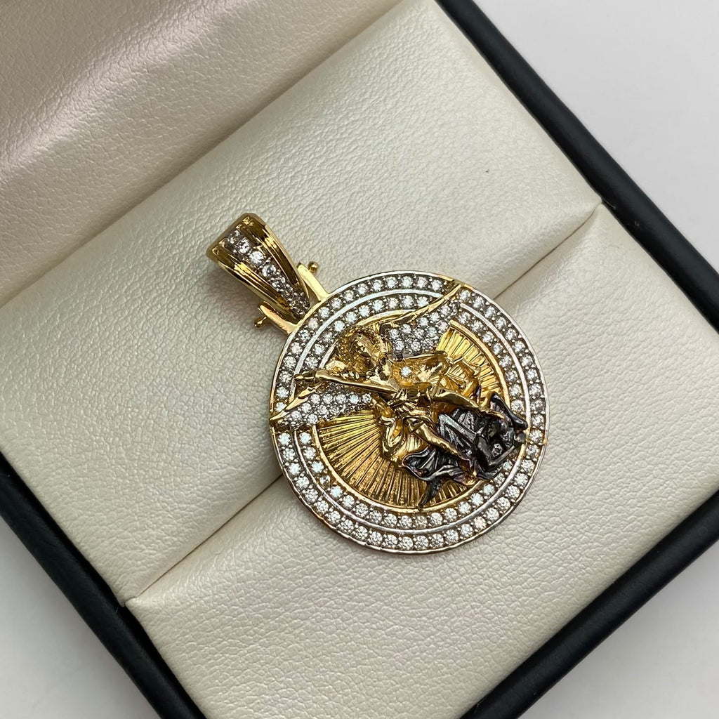 Dije san miguel arcangel circones blancos Oro amarillo y Oro blanco 18k 12,7 Gr / 27 mm / 4 Cm