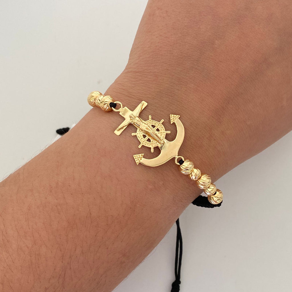 Pulsera tejida Herraje Ancla bolas diamantadas 5 y 6 mm Oro amarillo 18k 3,8 Gr