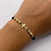 Pulsera tejida Herraje cruz cristo bolas diamantadas 4mm y 3mm hilo negro Oro amarillo 18k 0,9 Gr