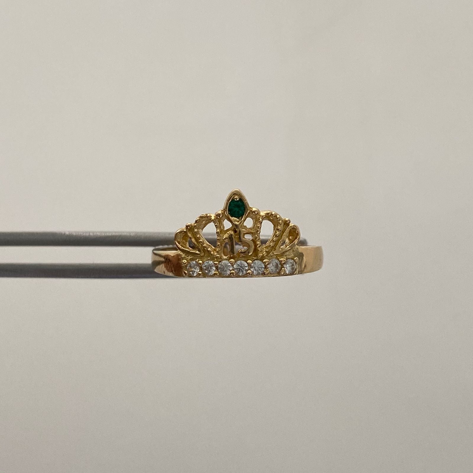 Anillo 15 Corona Circon Verde Oro amarillo 18k / Talla 6 / 2,85 Gr