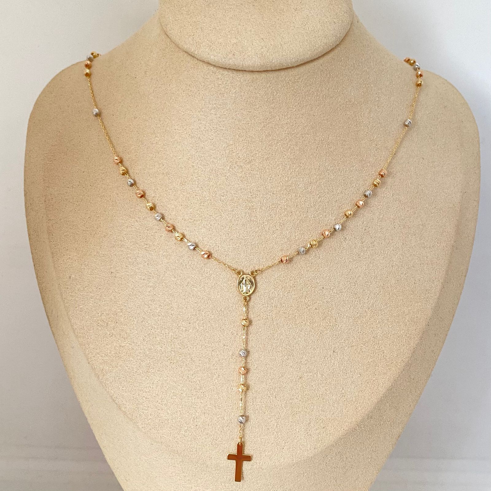 Rosario It virgen milagrosa cruz lisas balines diamantados Tres oros 18k +4 / 4,65 Gr / 2,6 mm / 45 Cm