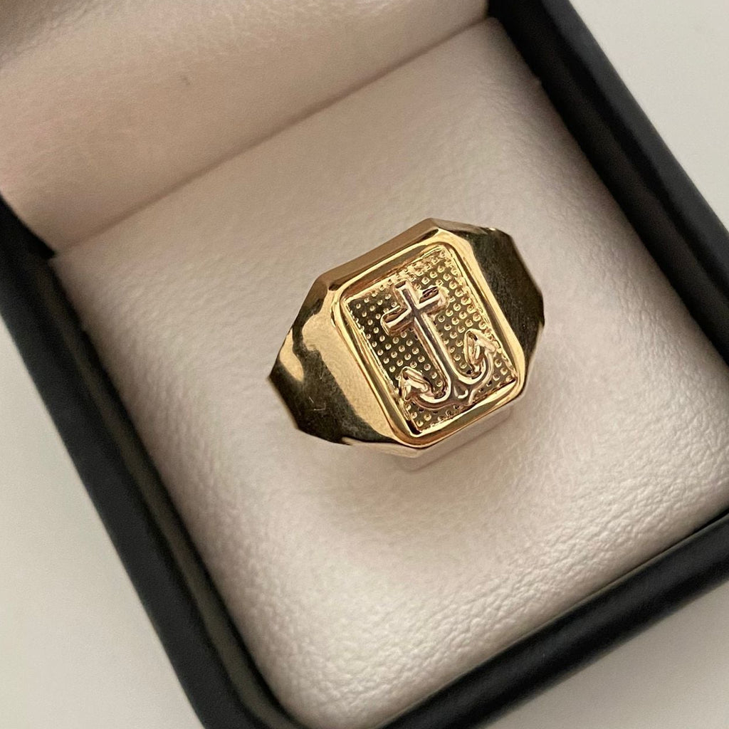 Anillo troquel rectangular ancla fondo diamantado Oro amarillo y Oro blanco 18k / Talla 11 1/4 / 3,45 Gr