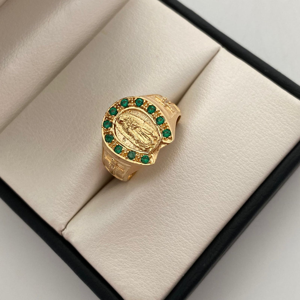 Anillo Virgen de guadalupe herradura circones verdes Oro amarillo 18k / Talla 9 / 6,7 Gr / 7,3 mm