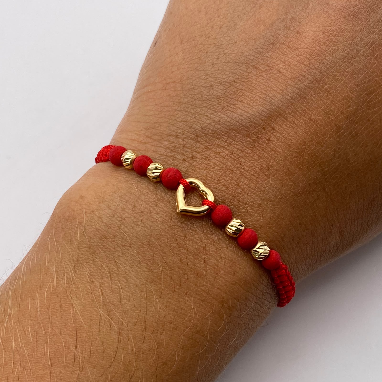 Pulsera tejida silueta corazon liso balines diamantados #4 Oro amarillo 0,55 Gr