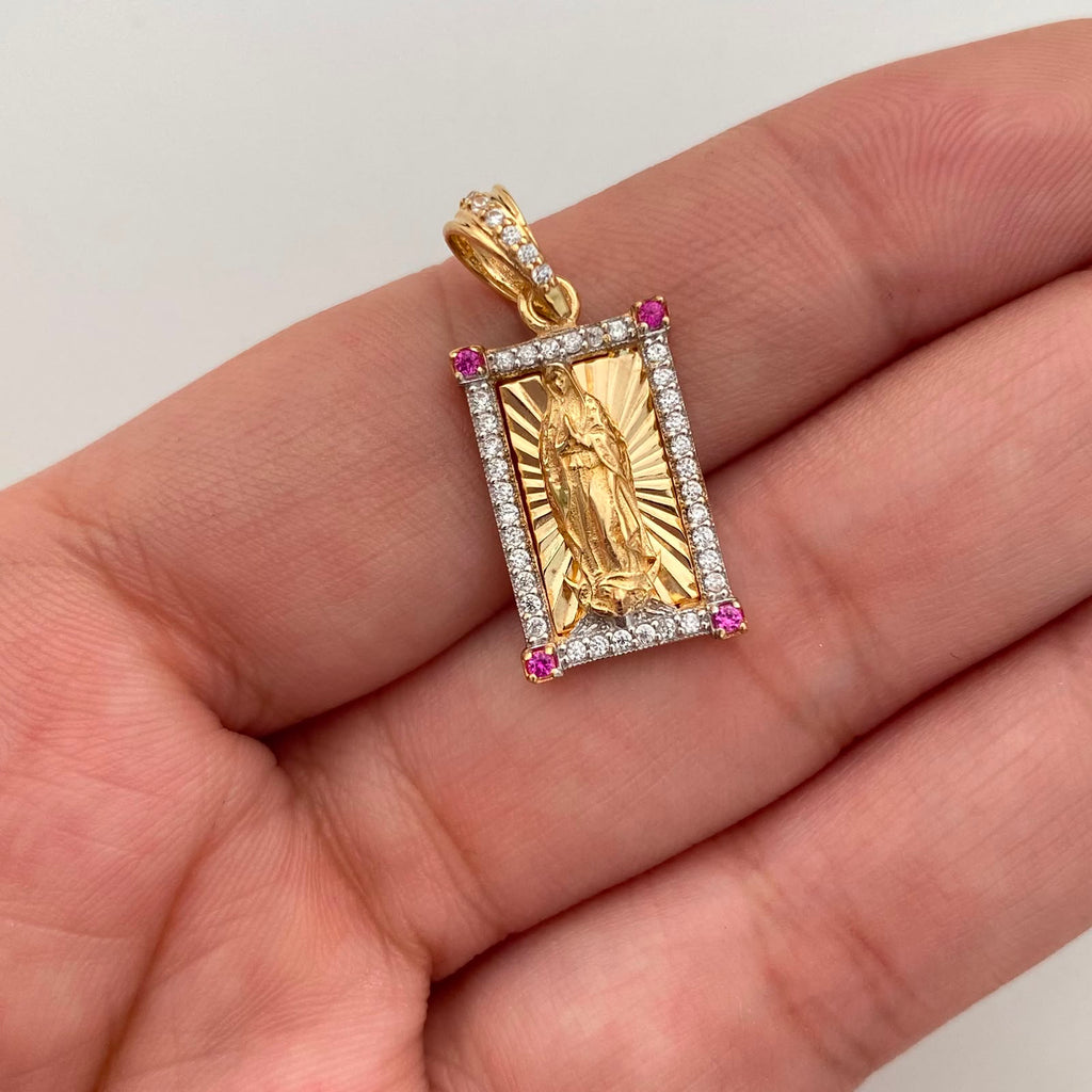 Dije Rectangular Casting Blanco y Rosado Guadalupe Oro amarillo 18k 3,15 Gr / 11,6 mm / 2,5 Cm