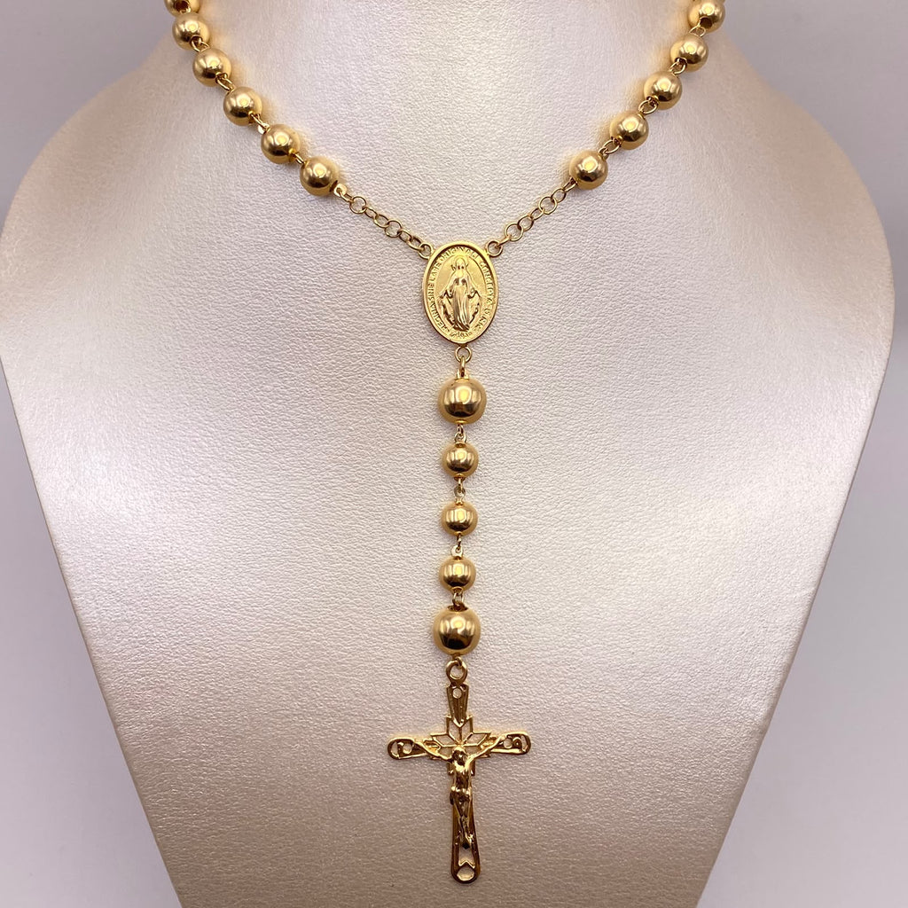 Rosario bola lisa 6 y 8 virgen milagrosa Oro amarillo 18k 25,19 Gr / 60 Cm