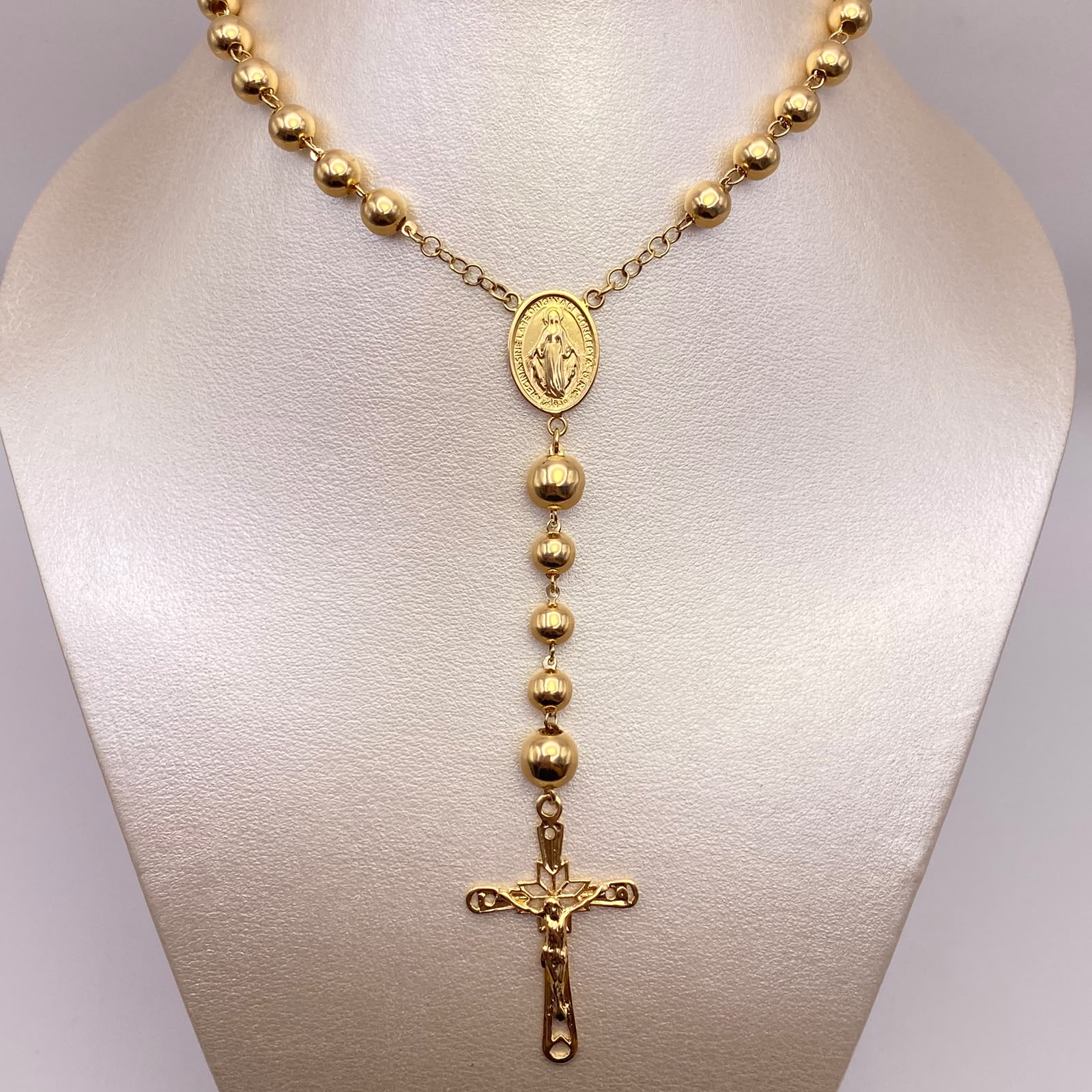Rosario bola lisa 6 y 8 virgen milagrosa Oro amarillo 18k 25,19 Gr / 60 Cm