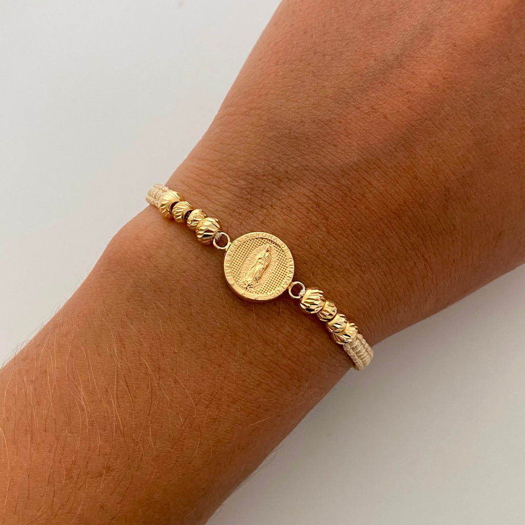 Pulsera tejida Virgen Guadalupe redonda Bolas Diamantadas 5,4 mm Oro amarillo 18k 1,35 Gr