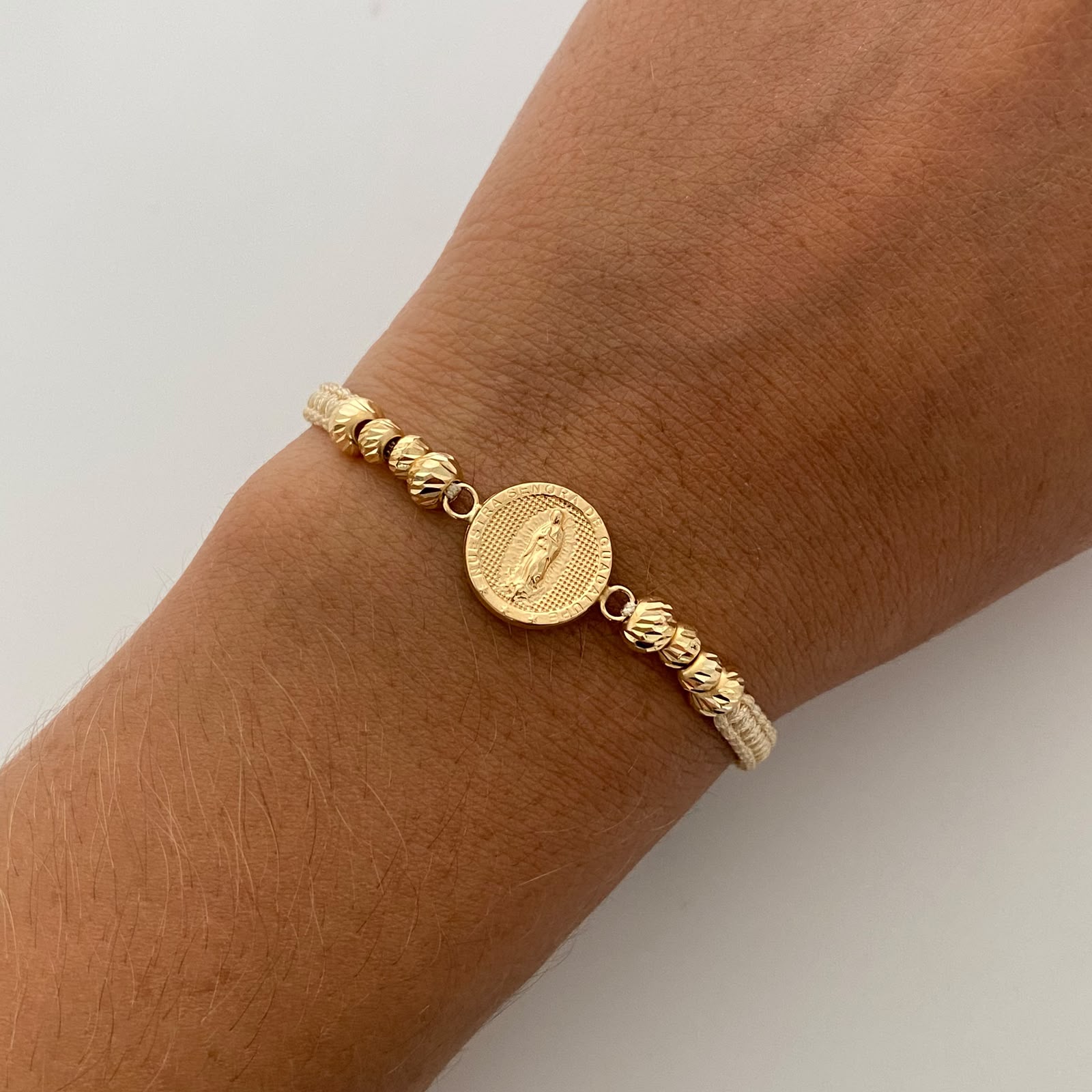 Pulsera tejida Virgen Guadalupe redonda Bolas Diamantadas 5,4 mm Oro amarillo 18k 1,35 Gr