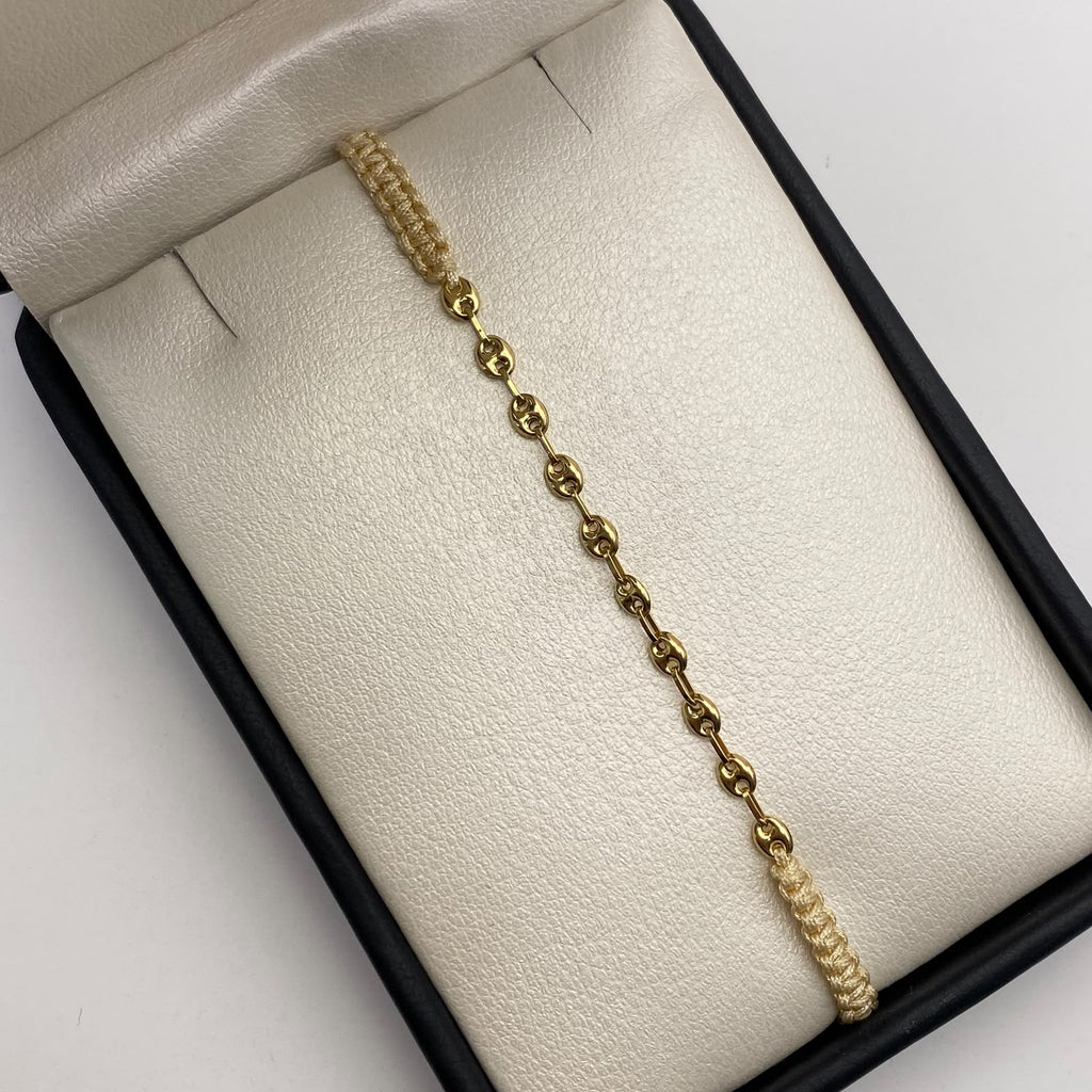 Pulsera tejida Eslabones Gc hilo beige Oro amarillo y Oro blanco 18k 0,5 Gr