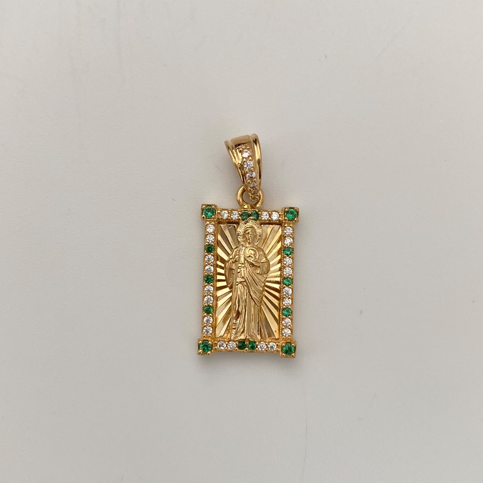 Dije Rectangula Casting Verde y Blanco San Judas Oro amarillo 18k 3,25 Gr / 11,6 mm / 2,5 Cm
