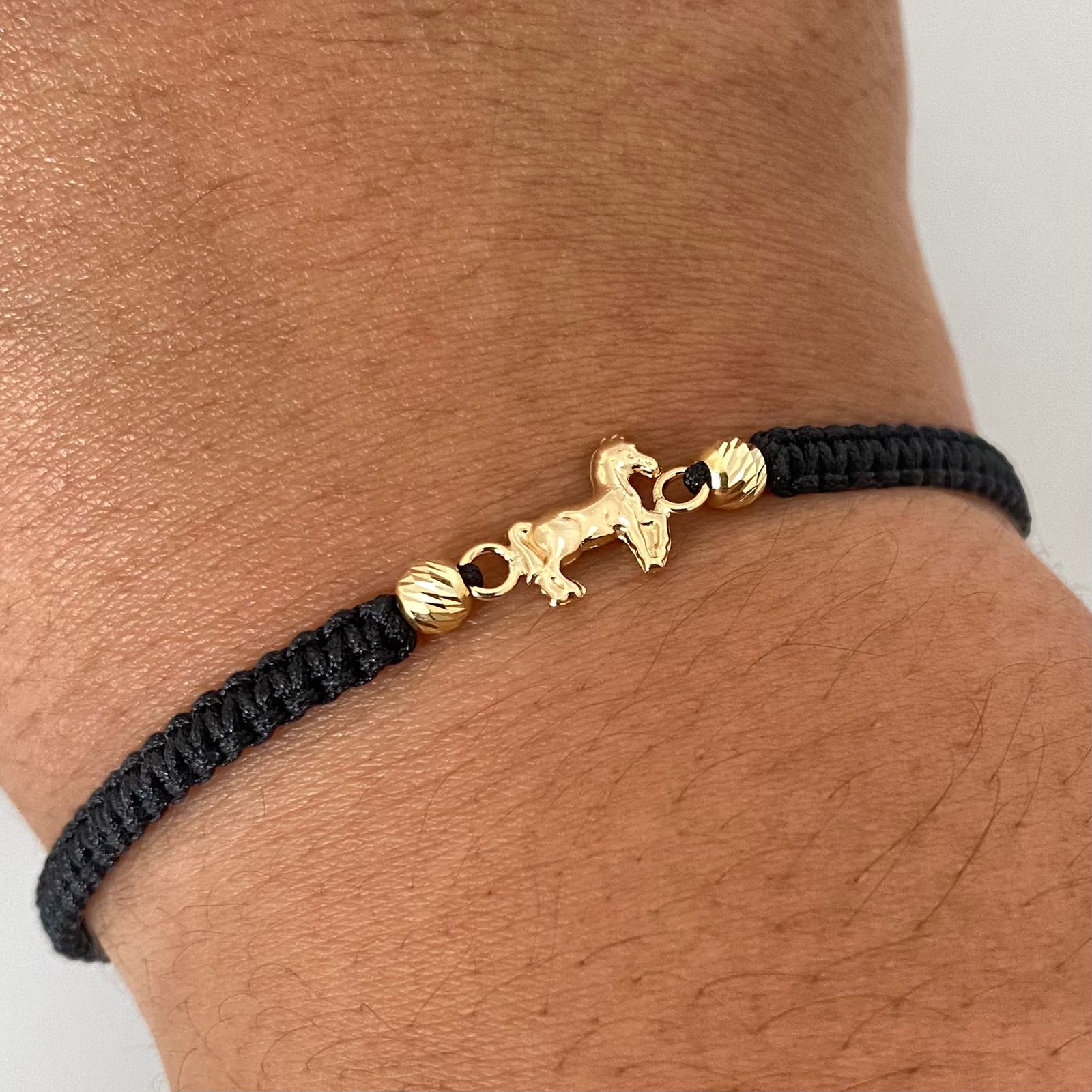 Pulsera tejida herraje caballo balines diamantados #4  Oro amarillo 18k 0,7 Gr