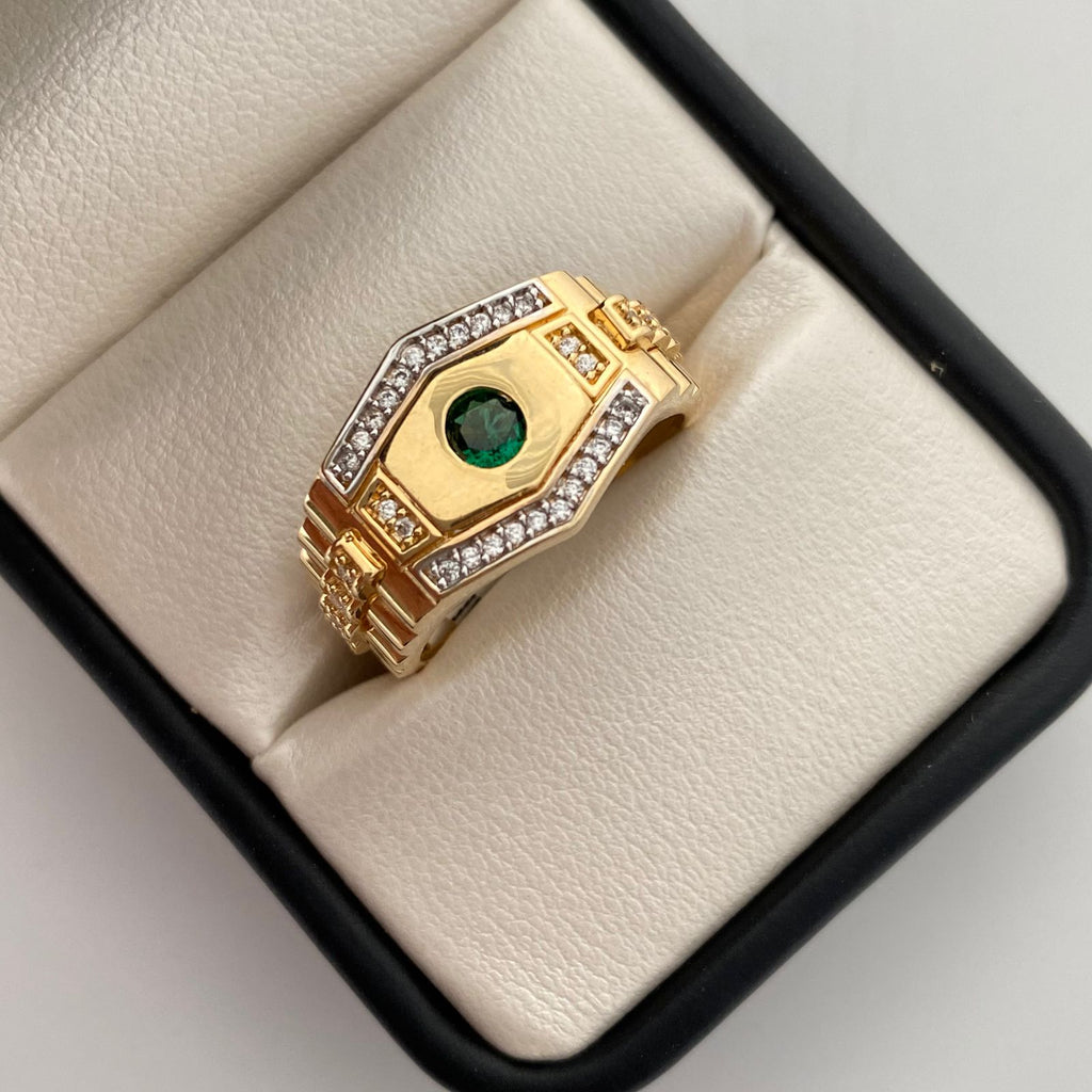 Anillo en puntas con circon verde y blancos  Oro amarillo 18k / Talla 9 1/4 / 7,8 Gr