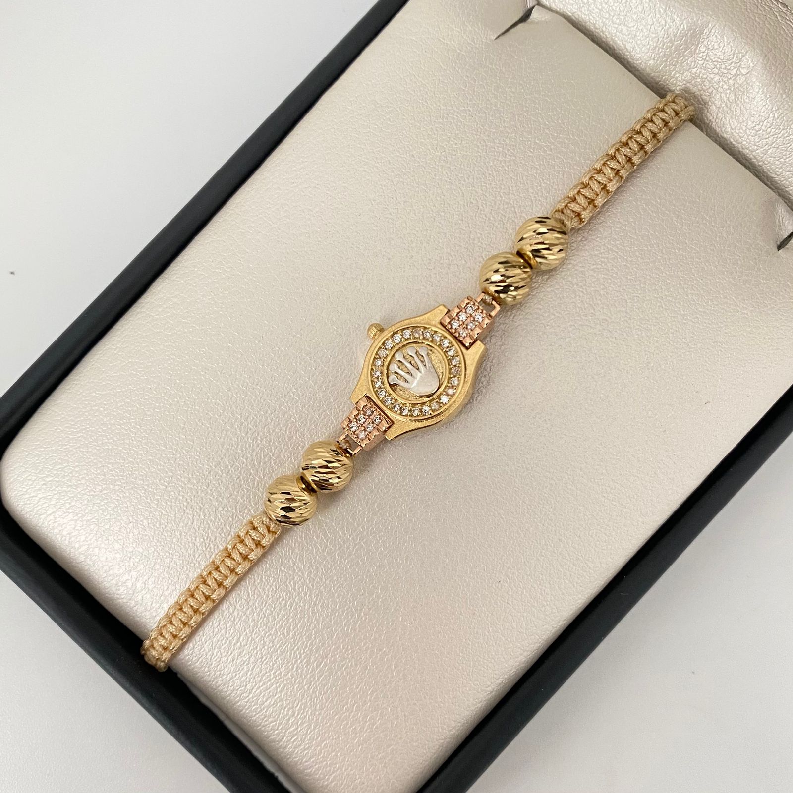 Pulsera tejida reloj corona rx bolas diamantadas #6 Oro amarillo 18k 3,95 Gr