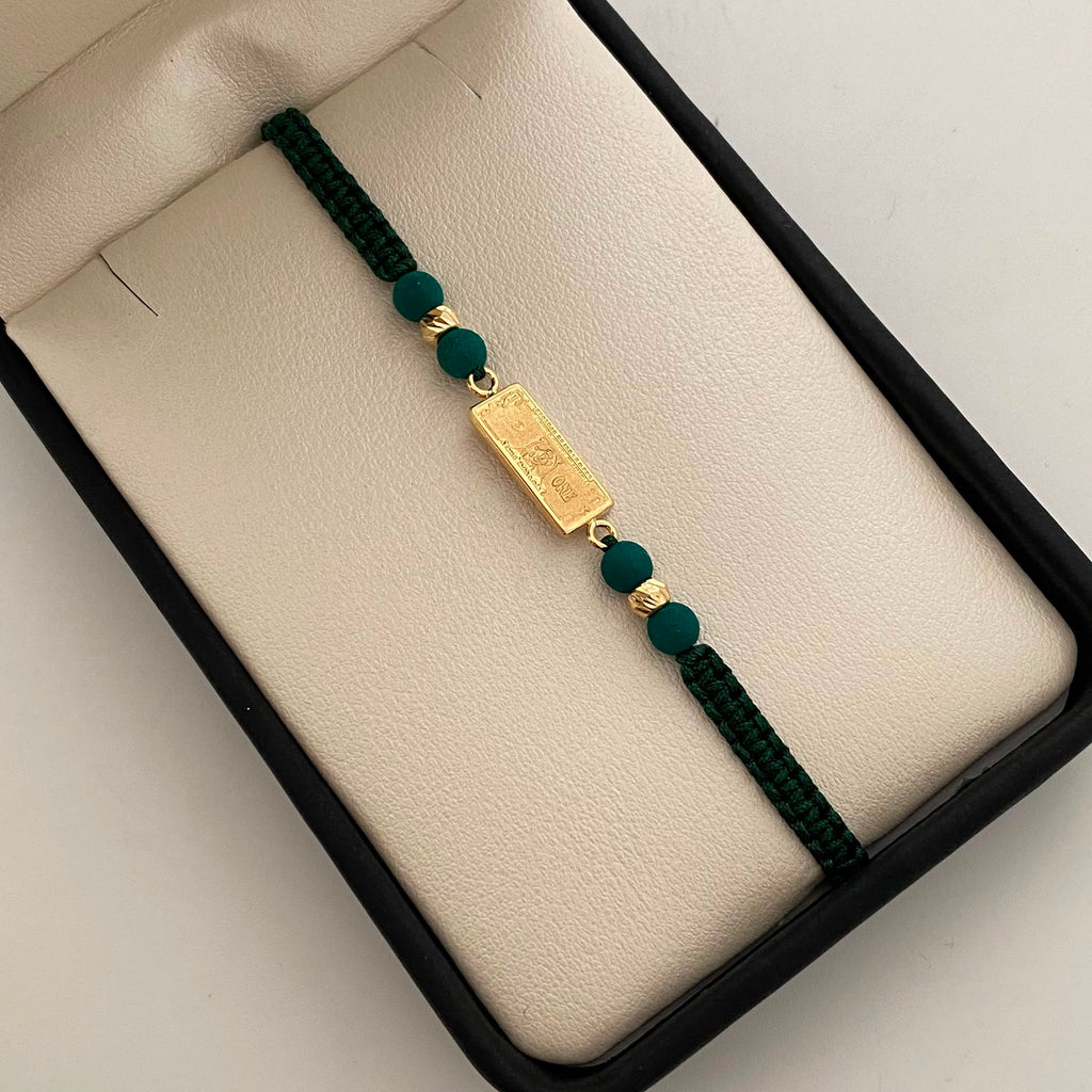 Pulsera tejida Dolar bolas diamantadas 4mm Hilo verde Oro amarillo 18k 0,95 Gr