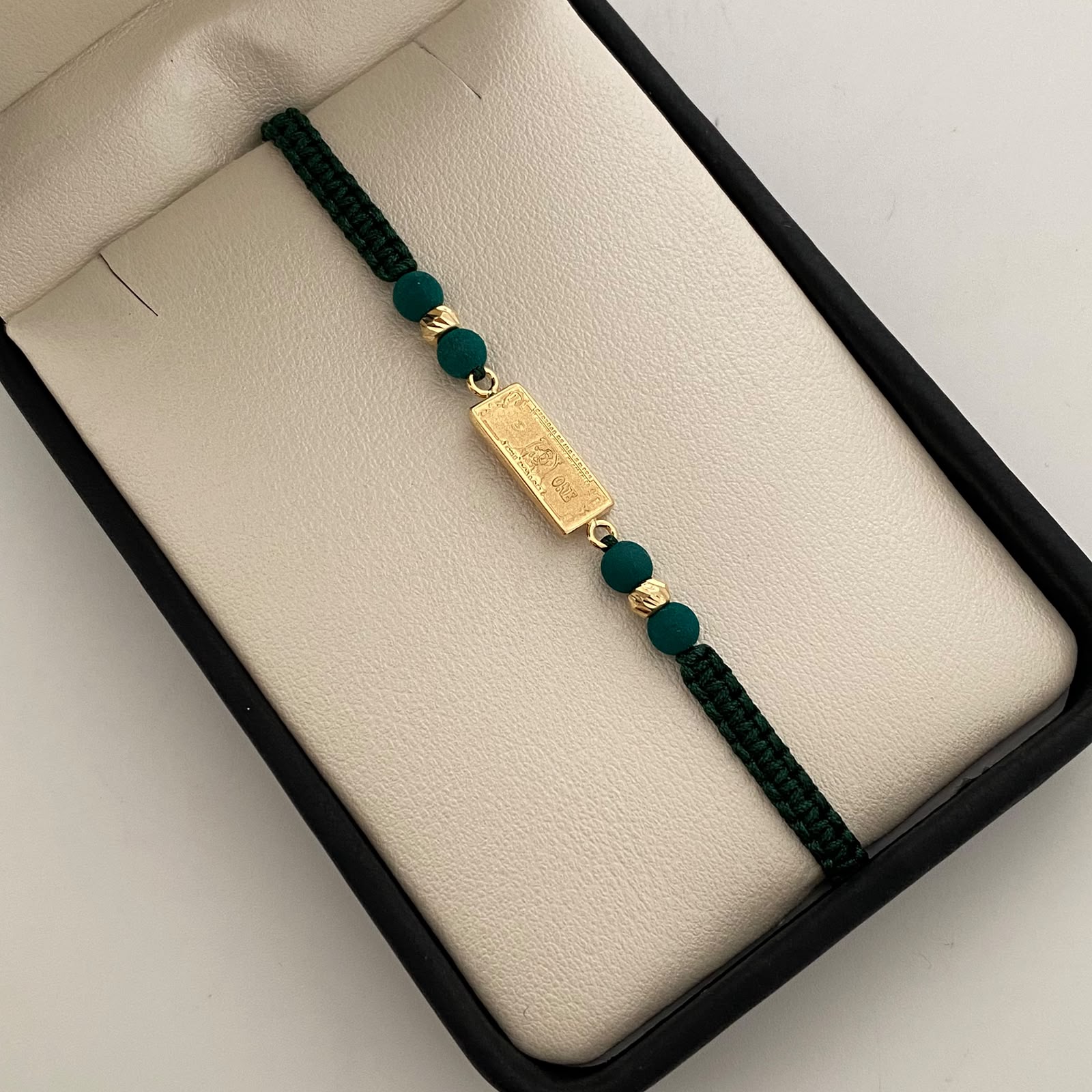 Pulsera tejida Dolar bolas diamantadas 4mm Hilo verde Oro amarillo 18k 0,95 Gr