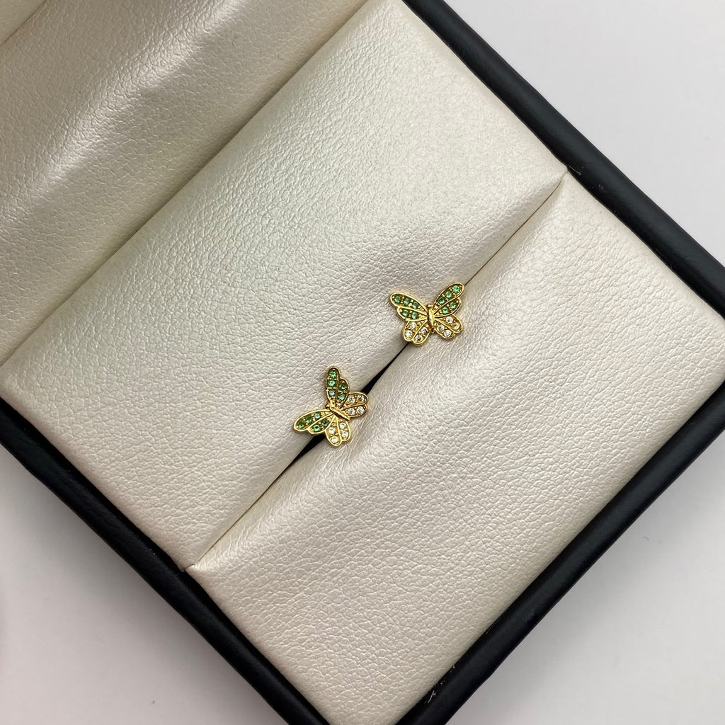 Topos Mariposa circones blancos y verdes Oro amarillo 18k 1 Gr / 8,5 mm