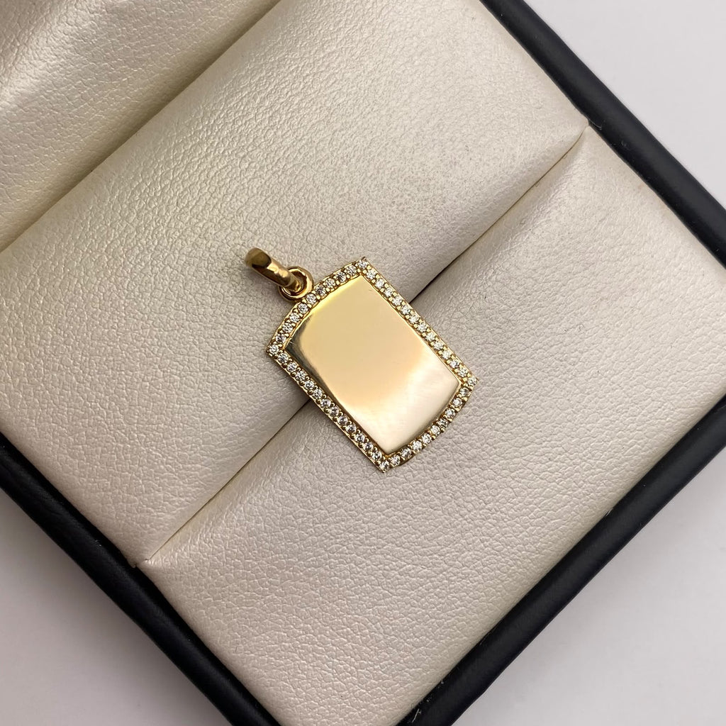 Dije Placa fotograbado circones blancos Oro amarillo 18k 2,26 Gr / 12,9 mm / 2,5 Cm