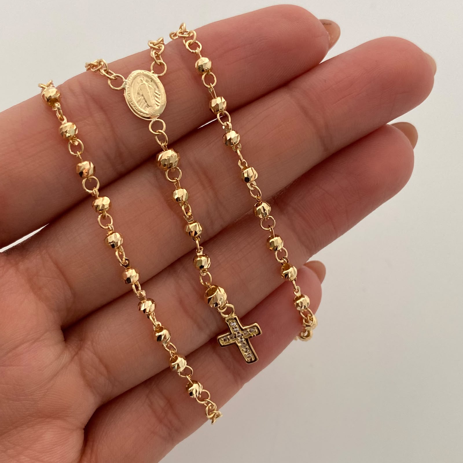 Rosario Virgen Milagrosa Cruz Casting Oro amarillo 18k 7,45 Gr / 3,2 mm / 50 Cm Broche 0,30