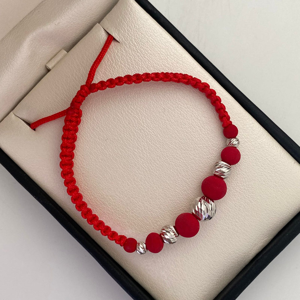 Pulsera tejida Bolas diamantada 4mm 6mm 8mm hilo rojo Oro blanco 18k 0,95 Gr