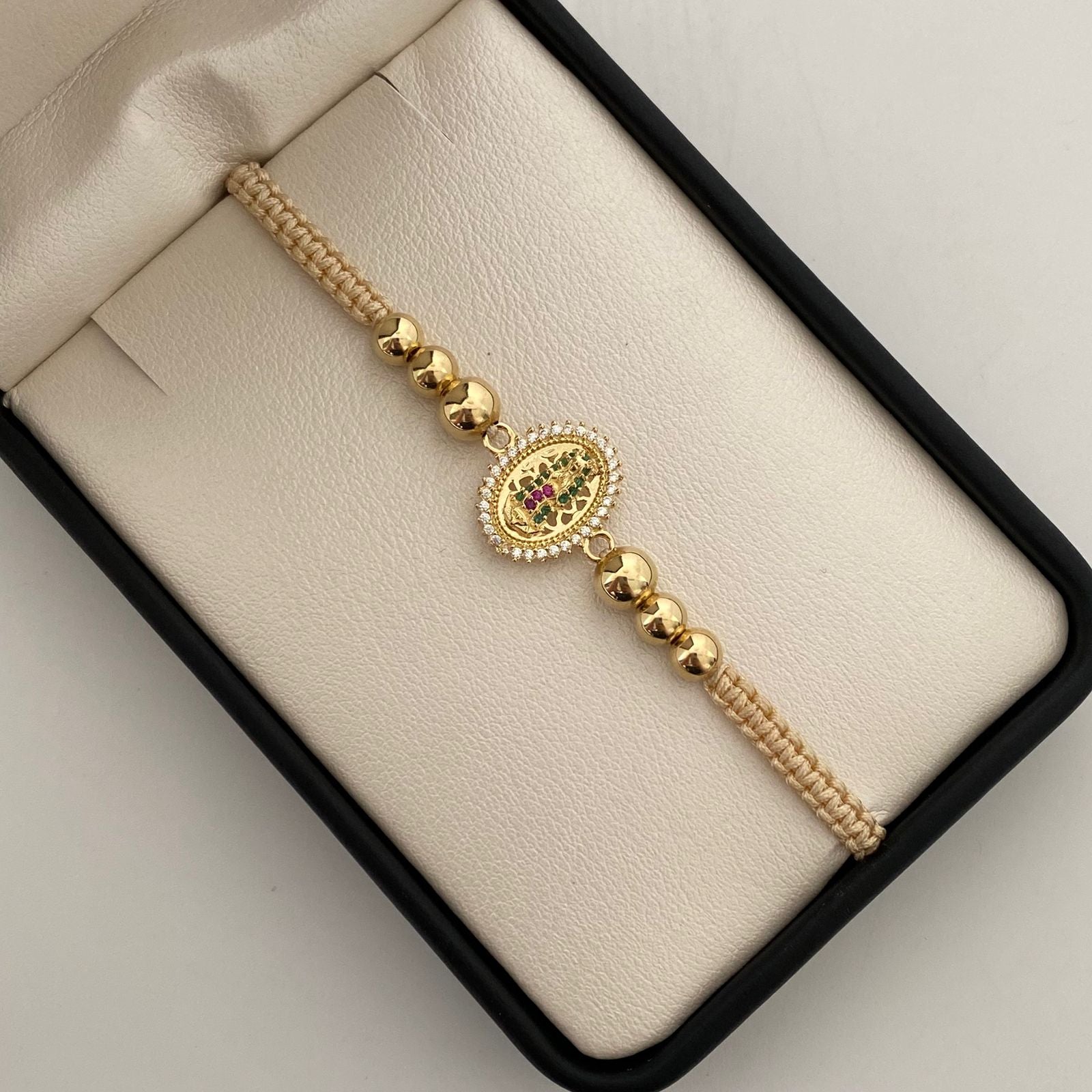 Pulsera tejida herraje virgen de guadalupe casting balines #5 diamantados y lisos beige Oro amarillo 18k 2,9 Gr