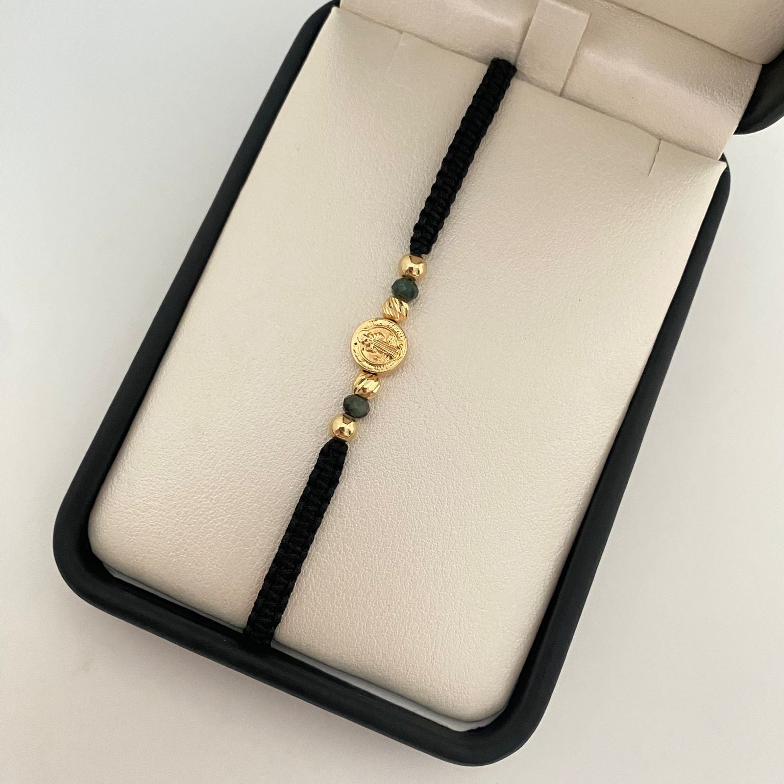 Pulsera tejida tejida herraje san benito con morrallas balines #4 lisos y diamantados Oro amarillo 18k 0,7 Gr