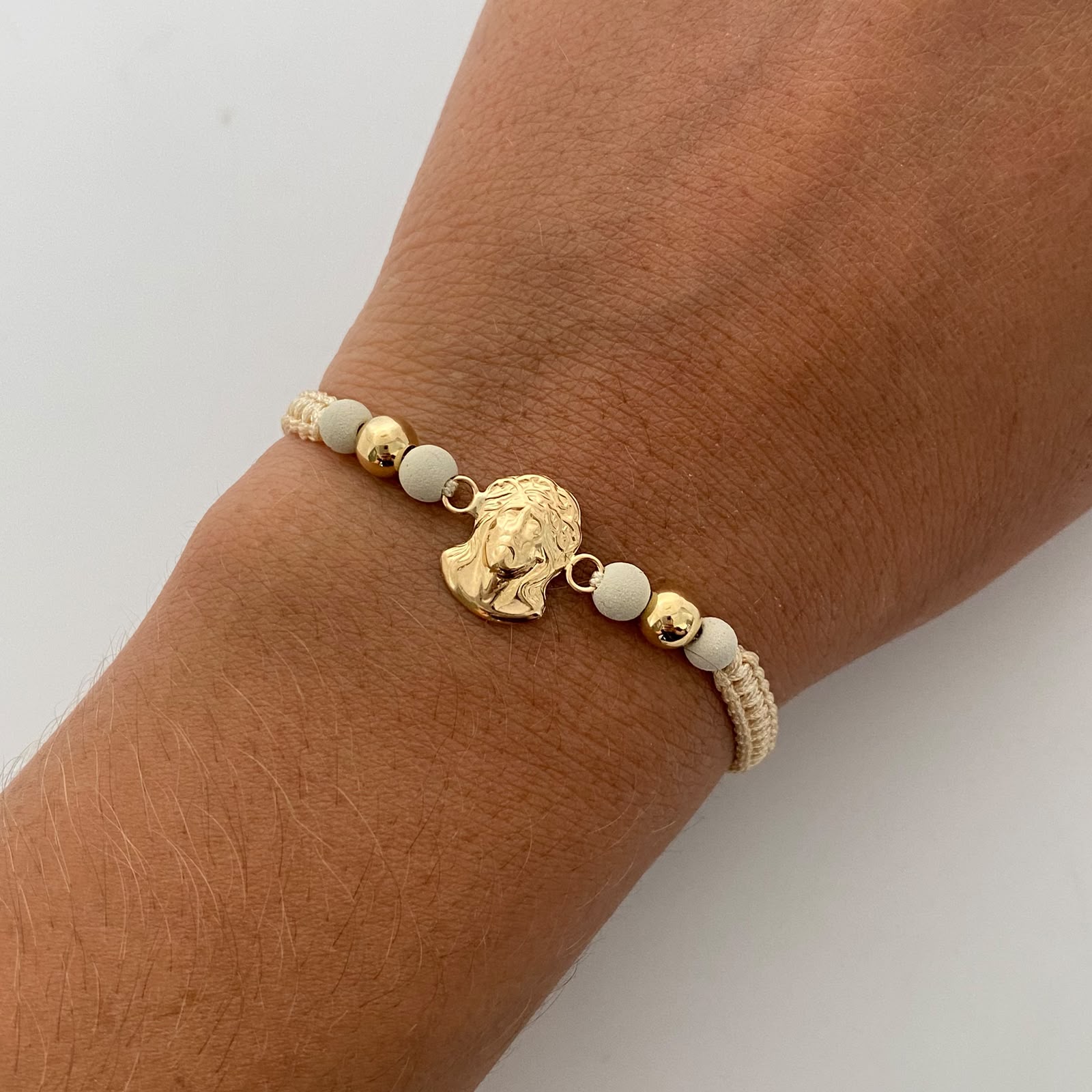 Pulsera tejida Rostro de jesus bolas lisas 5mm Beige Oro amarillo 18k 0,9 Gr