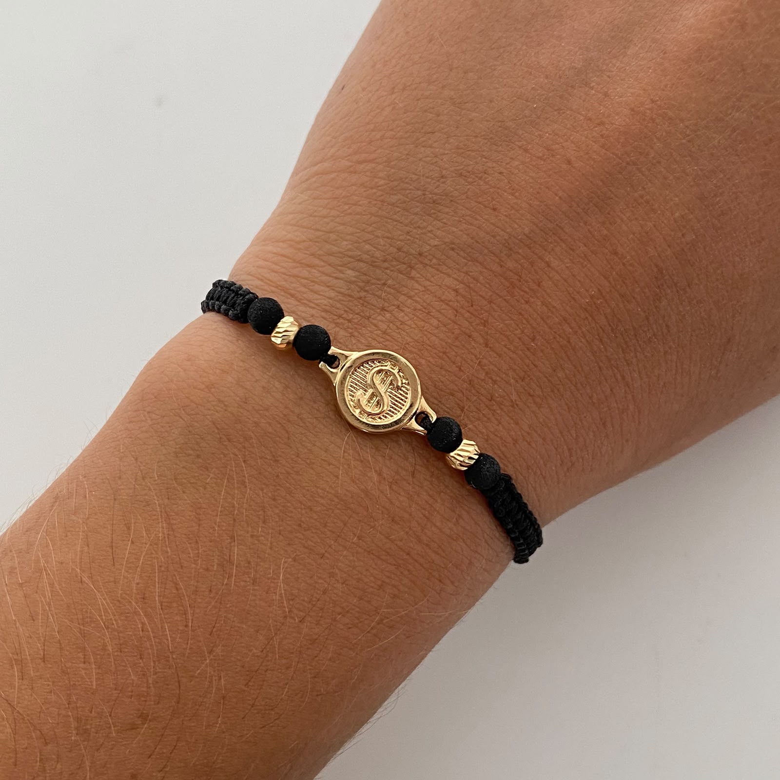 Pulsera tejida Signo peso bolas diamantada 4mm negro Oro amarillo 18k 0,75 Gr
