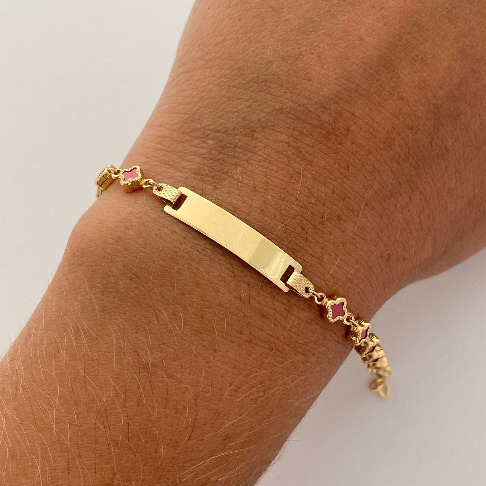Pulso bebé It placa trebol v/c rojo Oro amarillo 18k +5 / 2,95 Gr / 15 Cm