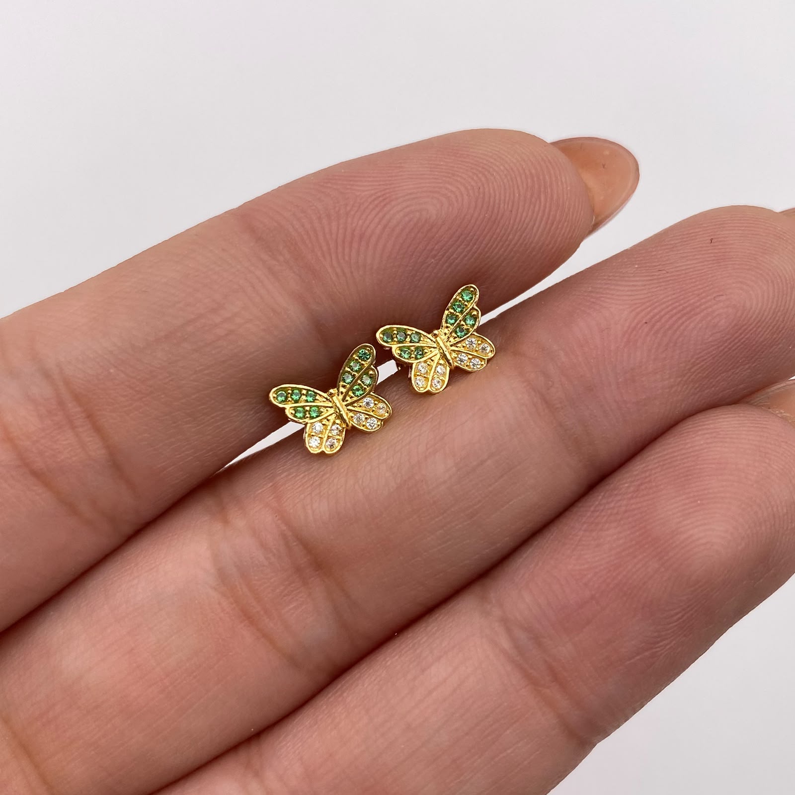 Topos Mariposa circones blancos y verdes Oro amarillo 18k 1 Gr / 8,5 mm