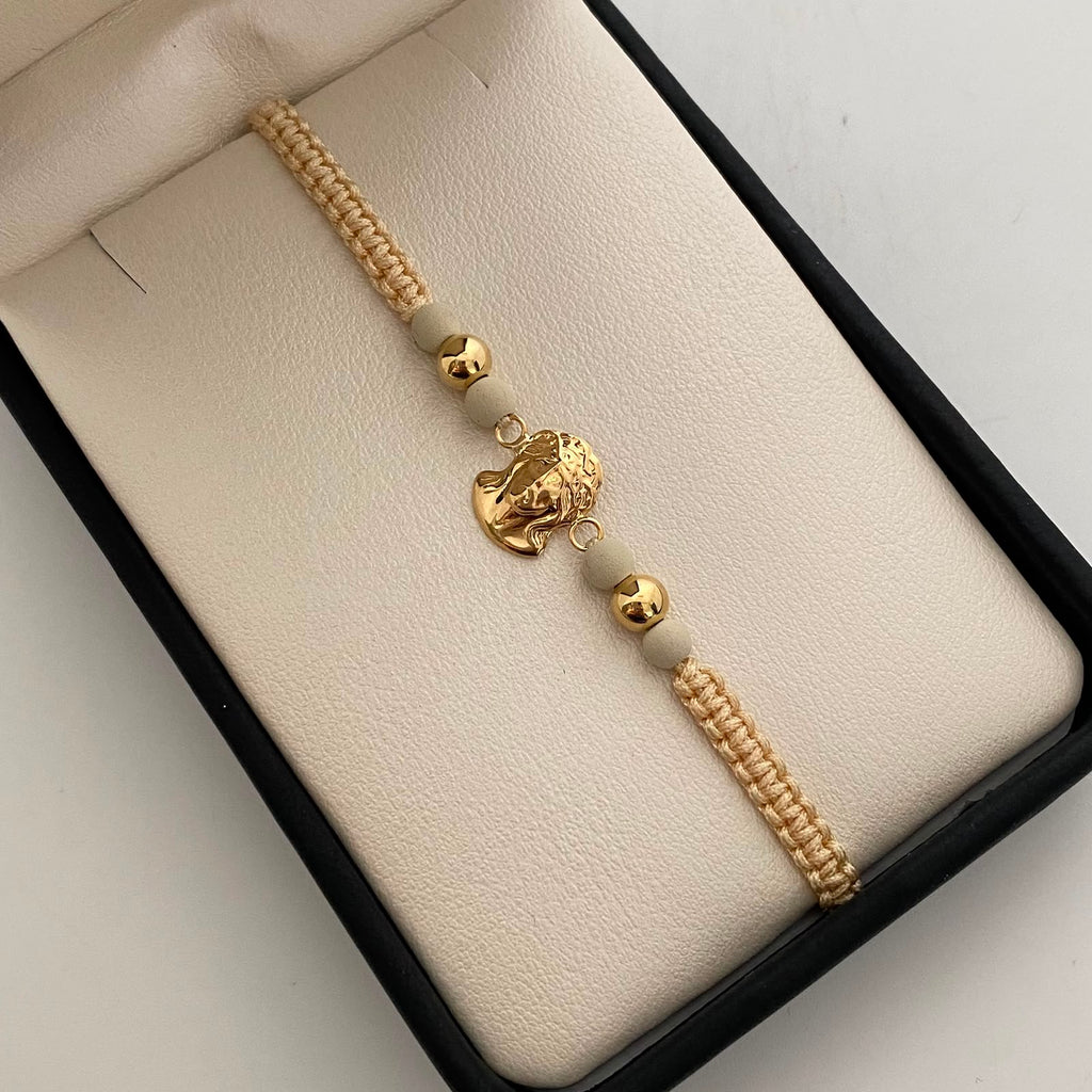 Pulsera tejida Rostro de jesus bolas lisas 5mm Beige Oro amarillo 18k 0,9 Gr