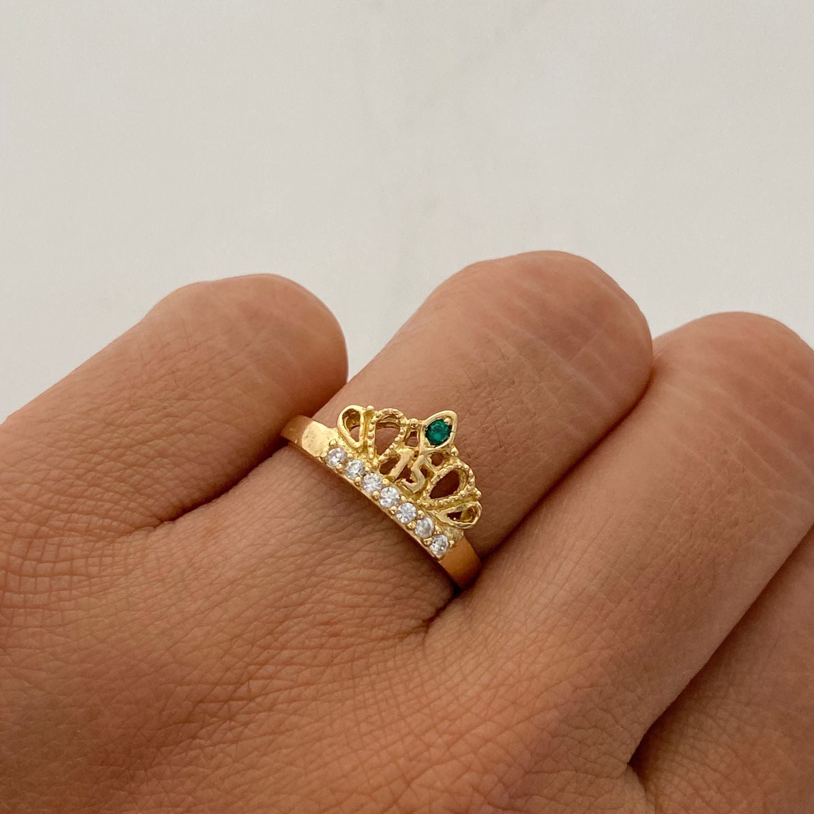 Anillo 15 Corona Circon Verde Oro amarillo 18k / Talla 6 / 2,85 Gr