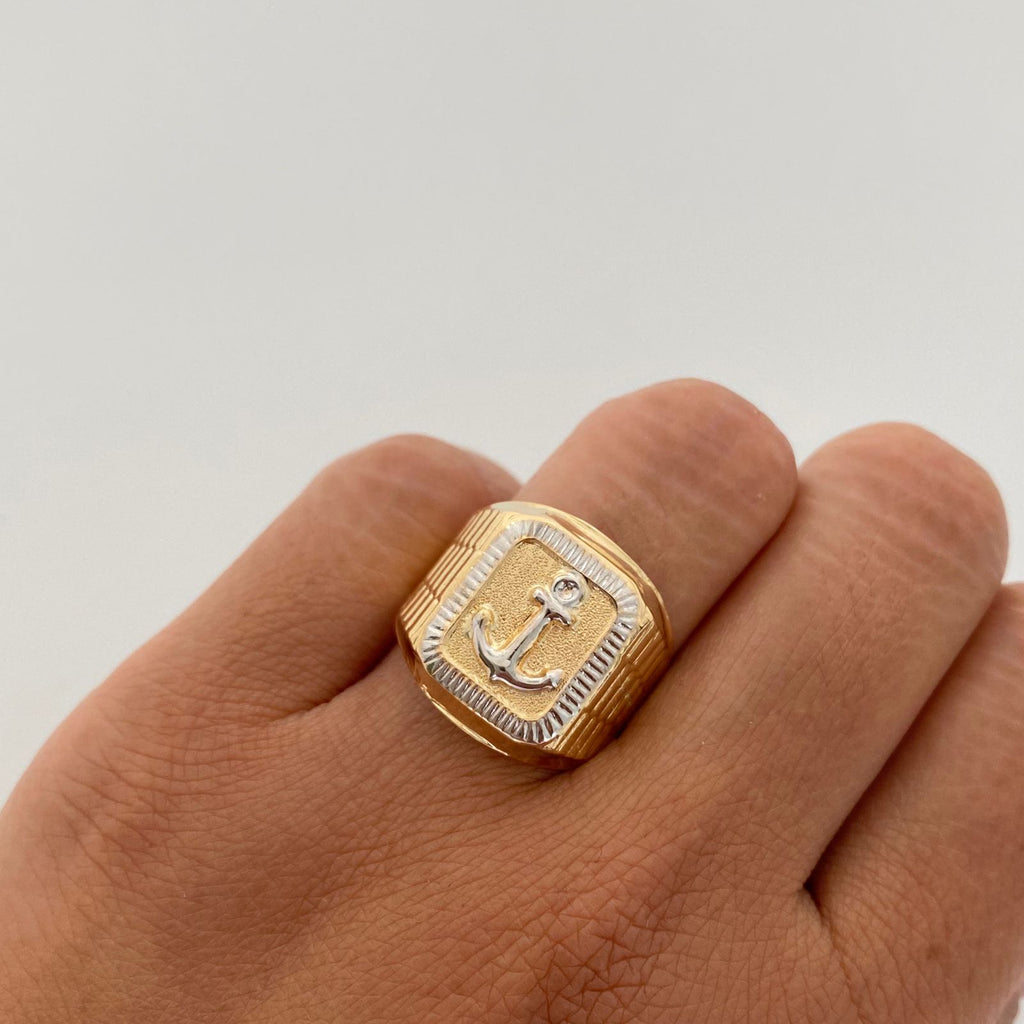 Anillo ancla inflada con diamantado Oro amarillo y oro blanco  18k / Talla 9 / 3,75 Gr