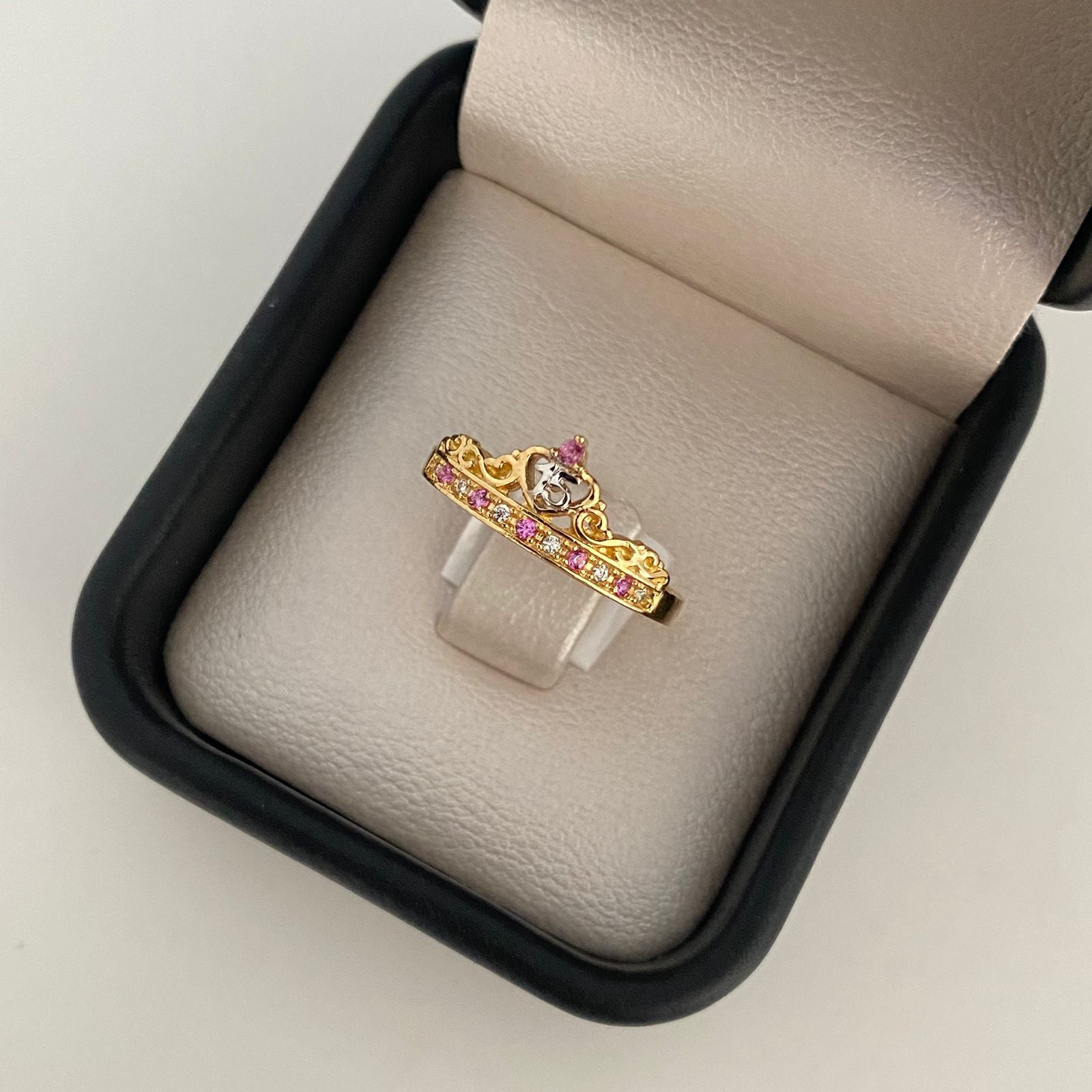 Anillo 15 tiara circones rosa y blancos Oro amarillo y Oro blanco 18k / Talla 7 / 2,4 Gr