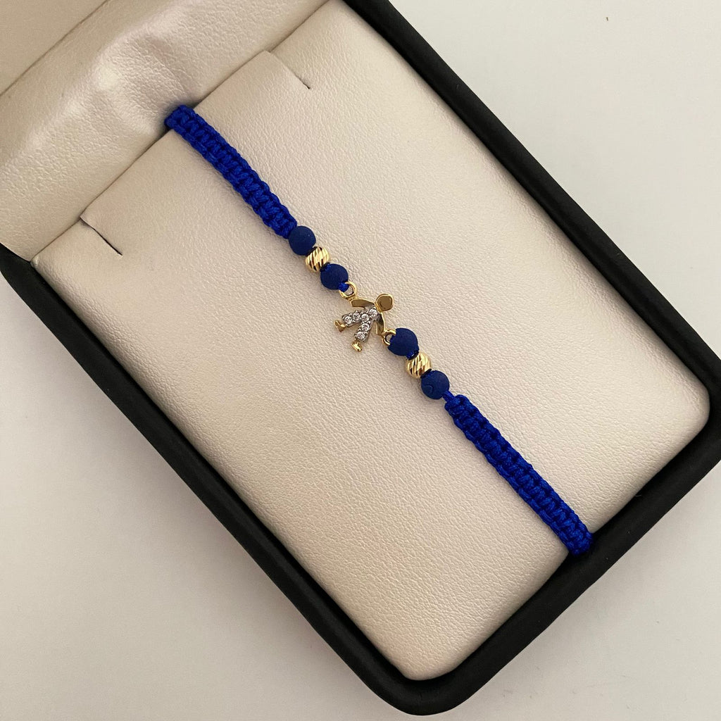 Pulsera tejida con herraje de niño con circones blanco y balines diamantados 4mm  Oro amarillo 18k 0,75 Gr