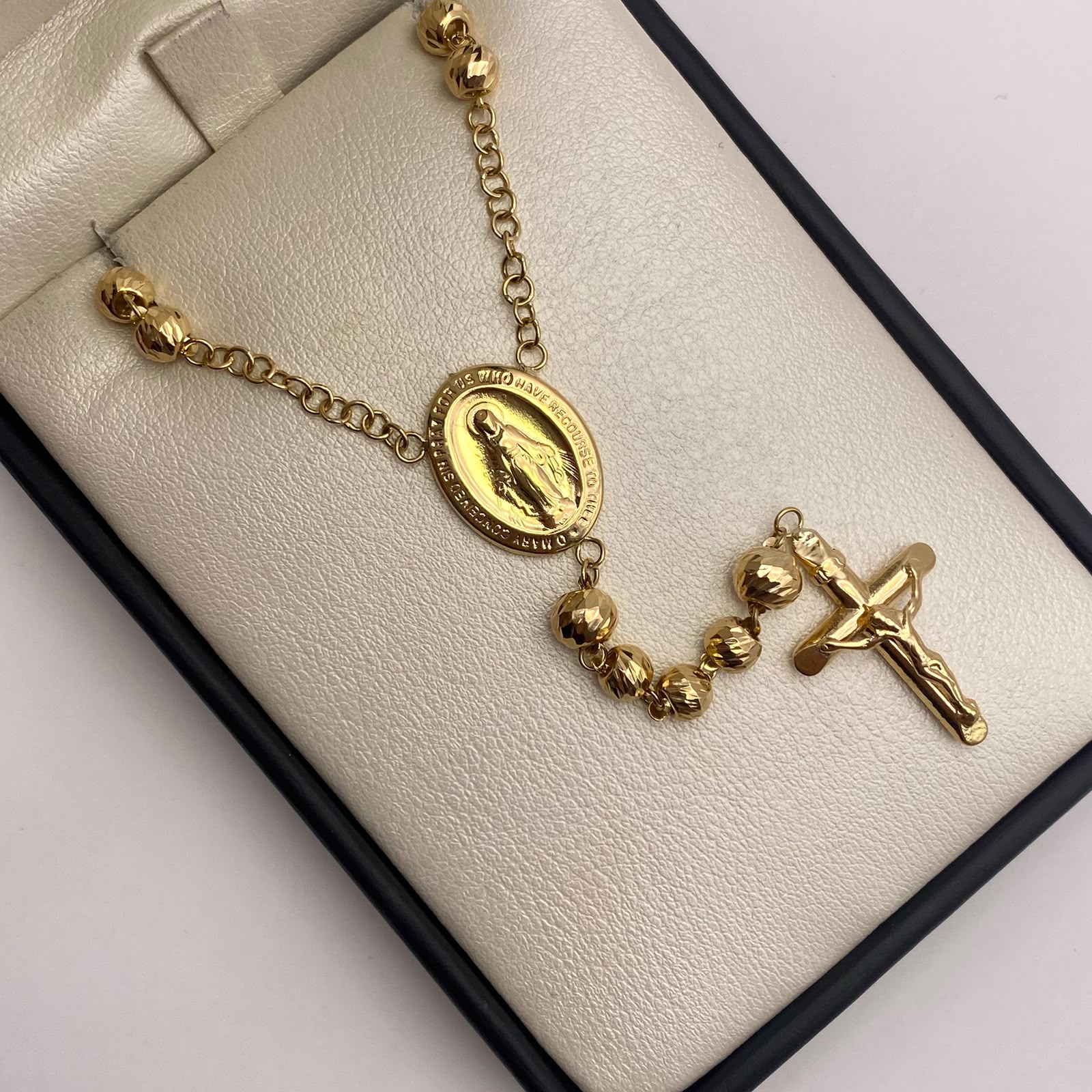 Rosario bola diamantada 5 y 6 virgen milagrosa  Oro amarillo 18k 15,20 Gr / 60 Cm