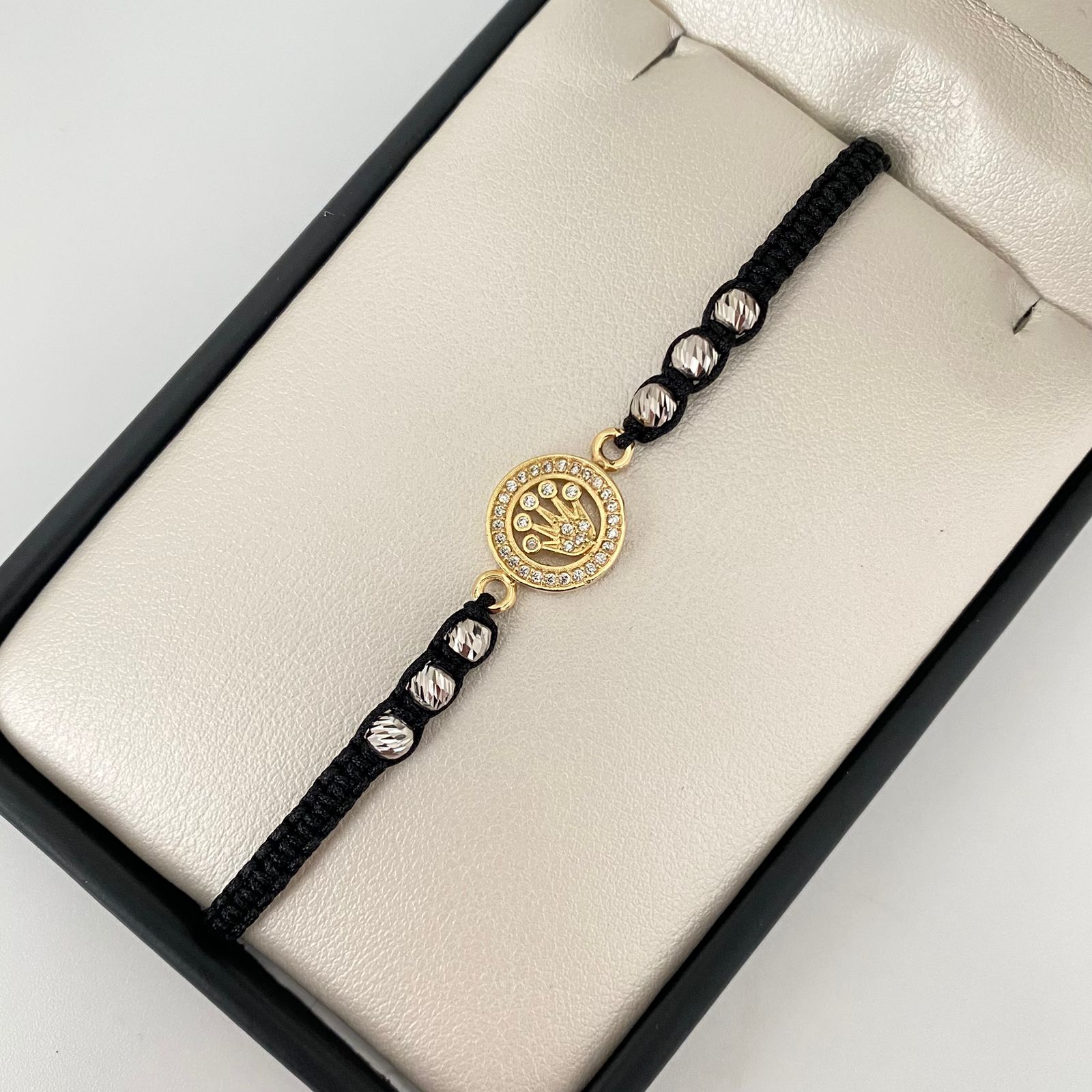 Pulsera tejida silueta corona borde casting bolas #4 diamantadas Oro amarillo y Oro blanco 18k 2,25 Gr