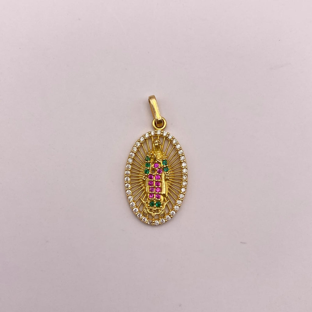 Dije virgen de guadalupe con circones verdes y fucsias  Oro amarillo 18k 1,95 Gr / 11,55 mm / 2,5 Cm